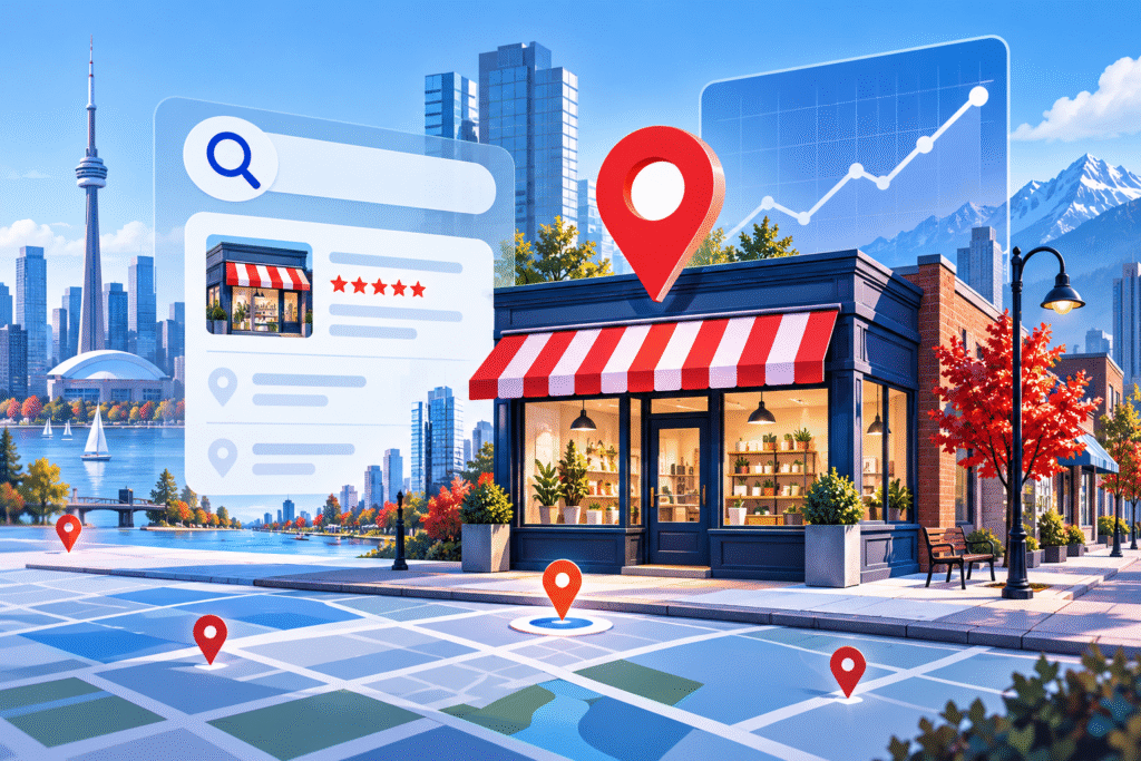 Local SEO for small business in Canada illustrated with a storefront, map pins, reviews, and search growth