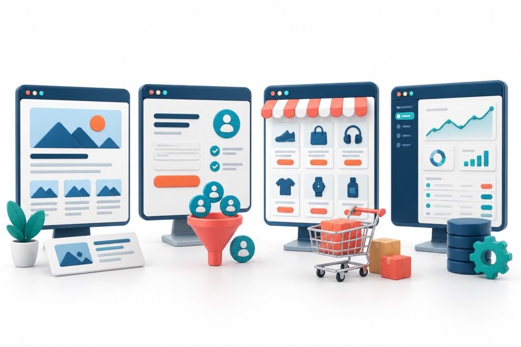Four website screens representing brochure, lead-generation, ecommerce and custom application projects