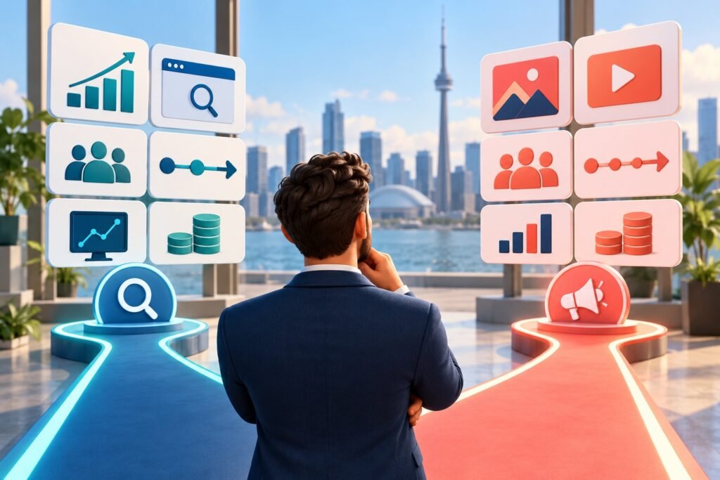 Canadian business owner comparing search demand, creative needs, tracking and budget before choosing an advertising platform