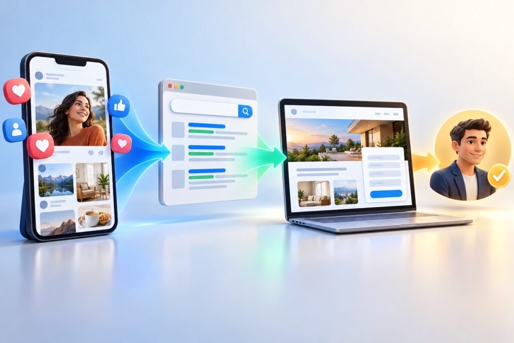 Marketing journey connecting social discovery, paid search, a landing page and a qualified lead