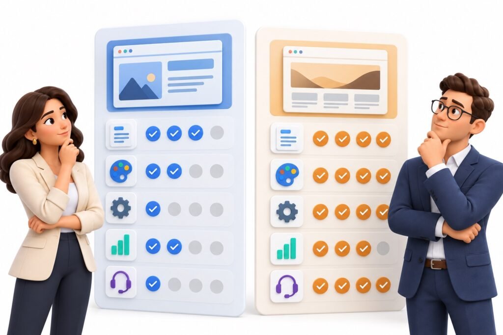 Business owners comparing website proposals by design, functionality, analytics and support scope