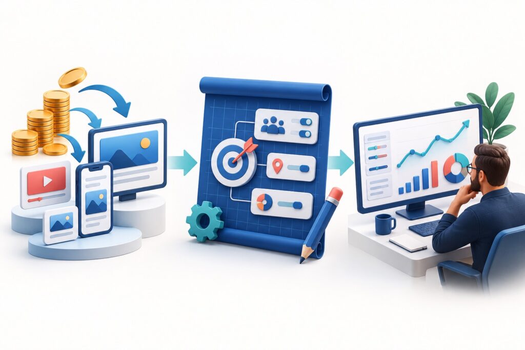 Illustration separating Google Ads media spend, campaign setup and ongoing management