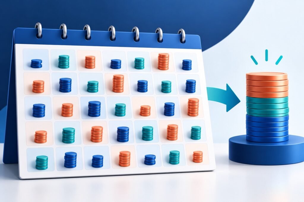 Calendar illustration showing variable daily Google Ads spending adding up to a controlled monthly budget