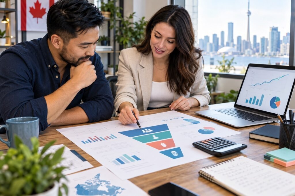 Canadian business owner and marketing specialist calculating leads, clicks and Google Ads test budget