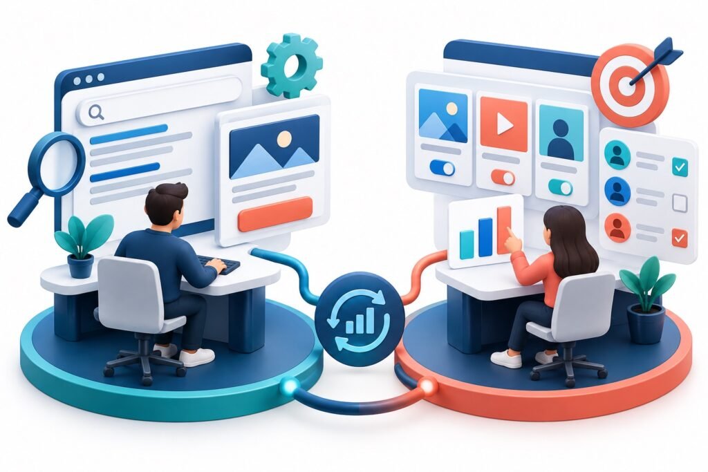 Side-by-side campaign workstations comparing keyword optimization with creative and audience testing
