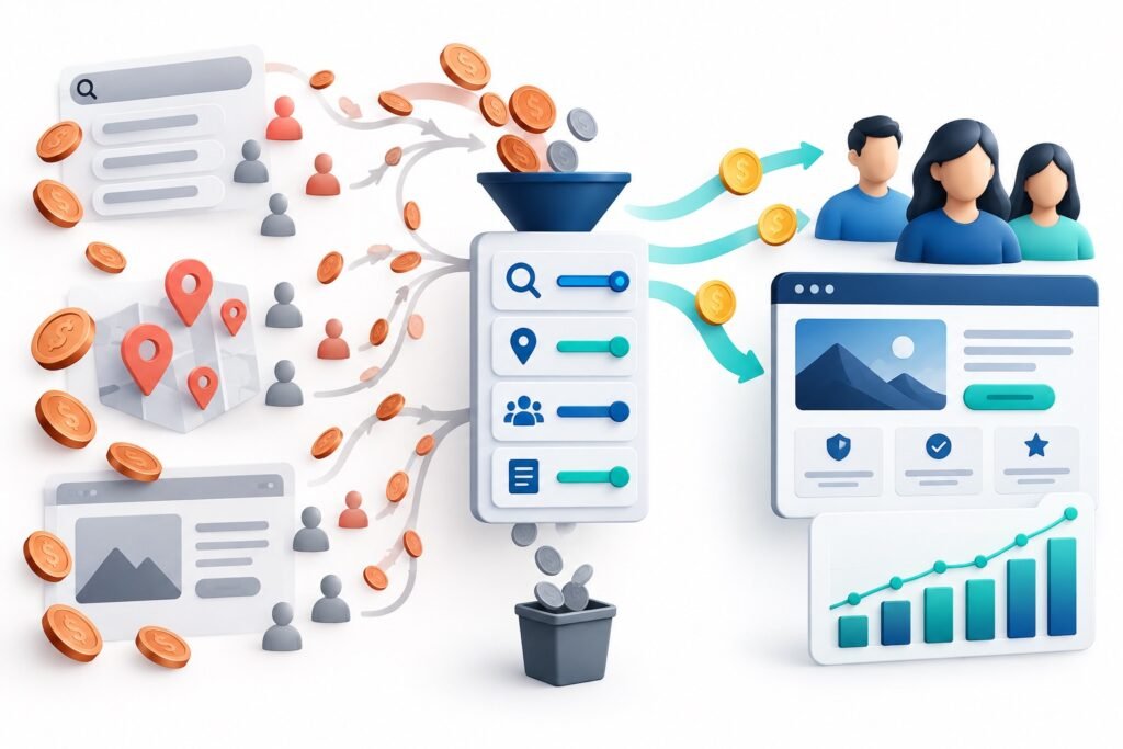 Diagram showing targeting filters reducing irrelevant Google Ads traffic and directing qualified leads to a focused landing page