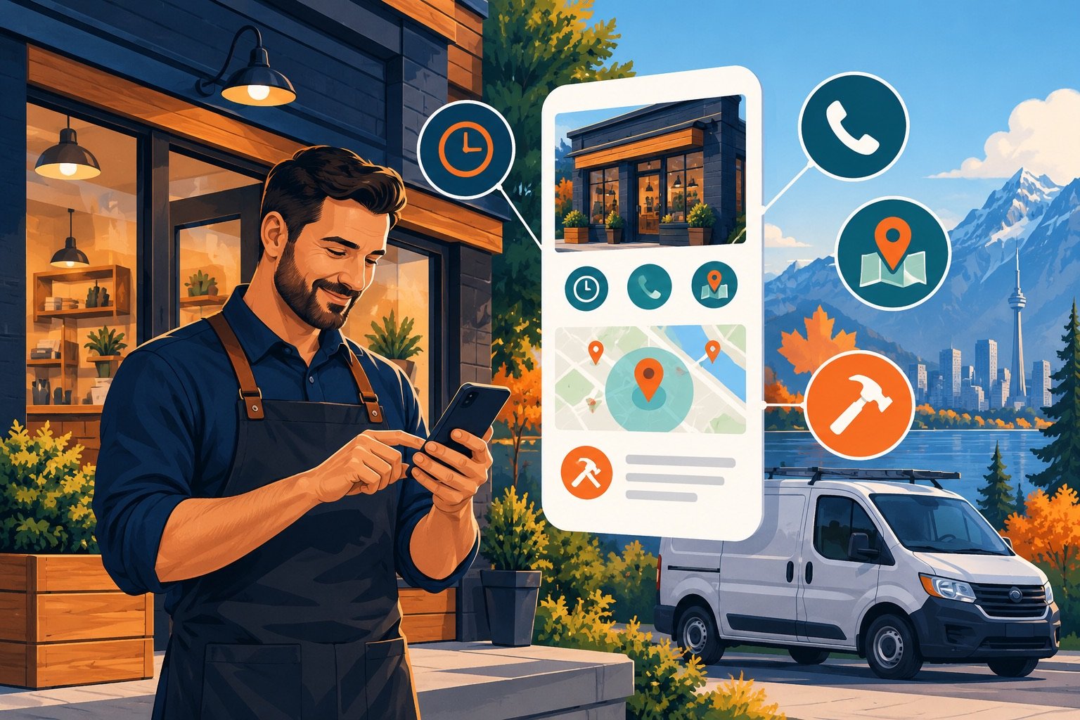 Illustration of a business profile with contact details, map location, and customer signals