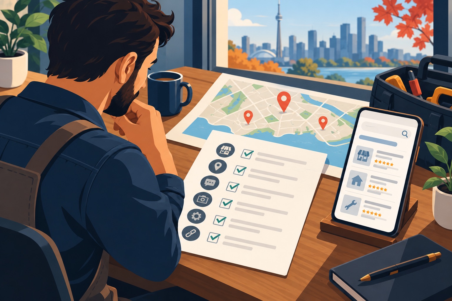 Editorial illustration of a Canadian local SEO audit with a business location and search elements
