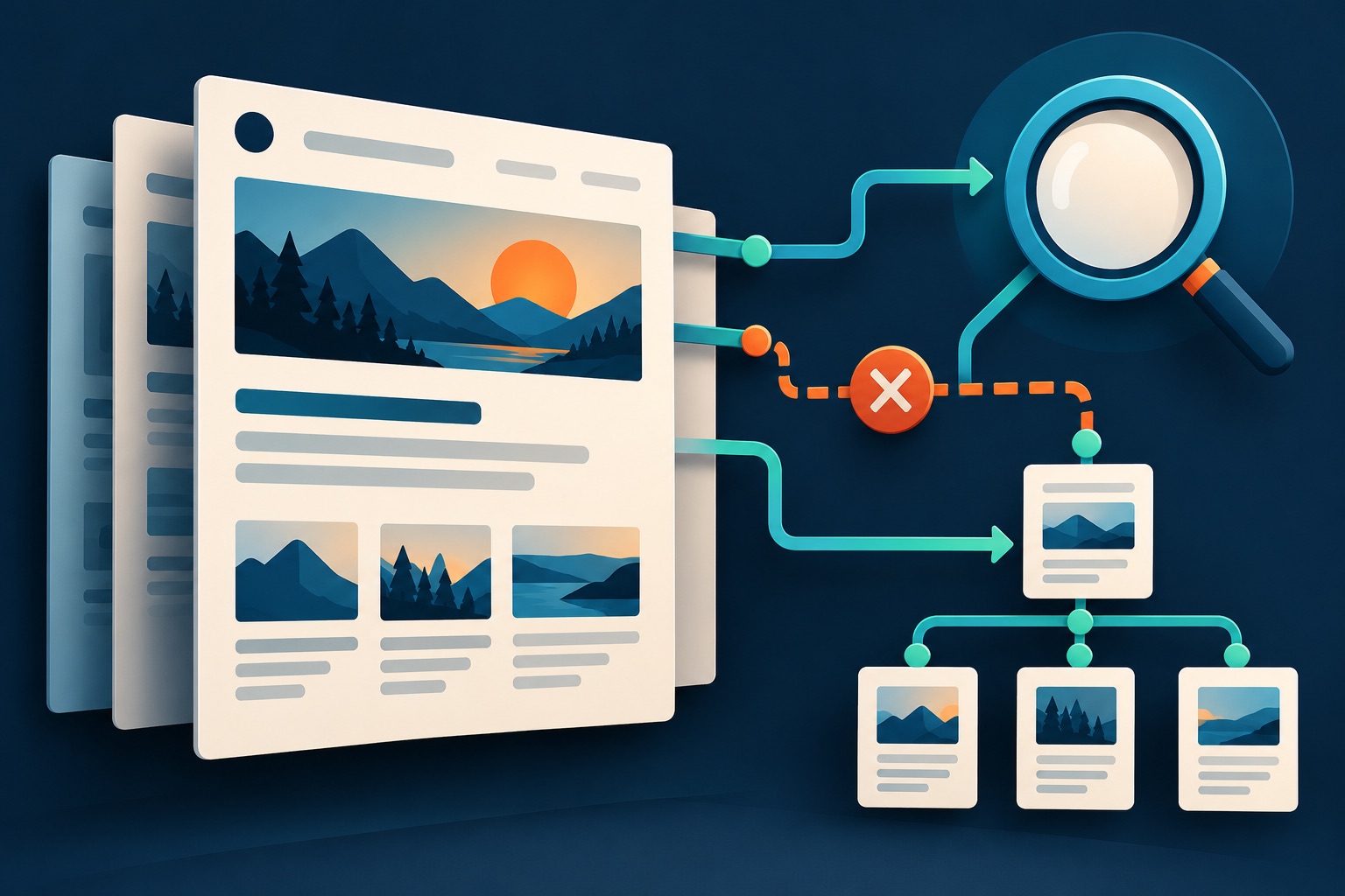 Illustration of a website page moving through crawl and indexing checks