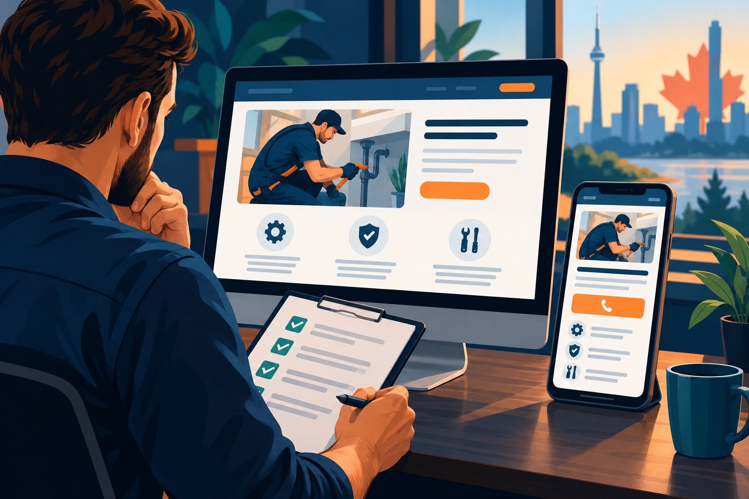 Illustration of a local service page layout showing service details and a clear contact action