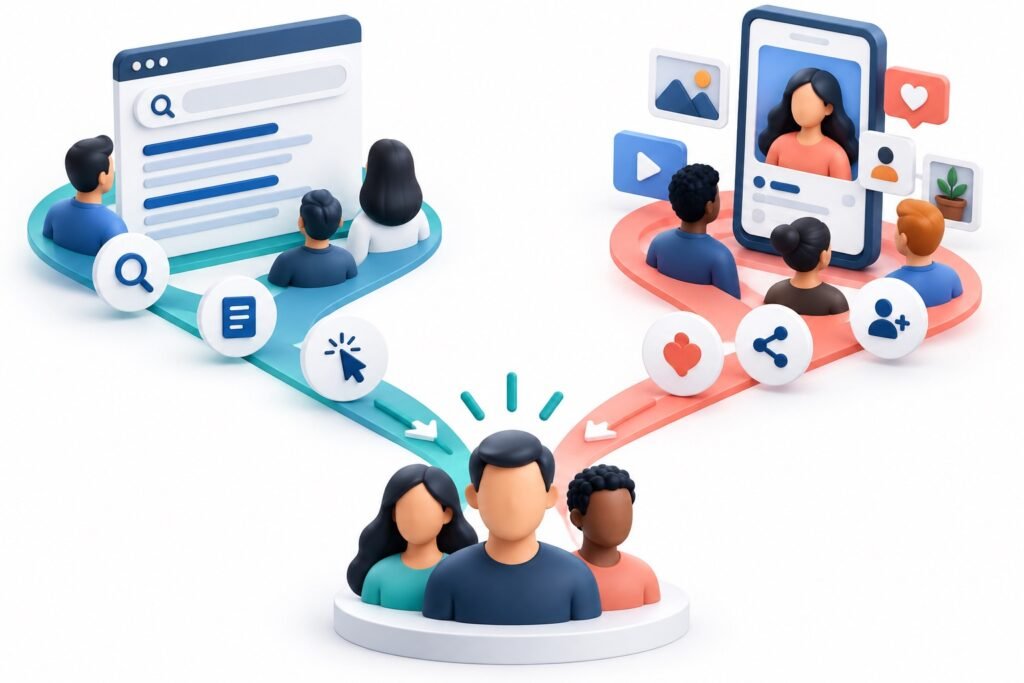 Two advertising paths showing search intent and social discovery reaching potential customers