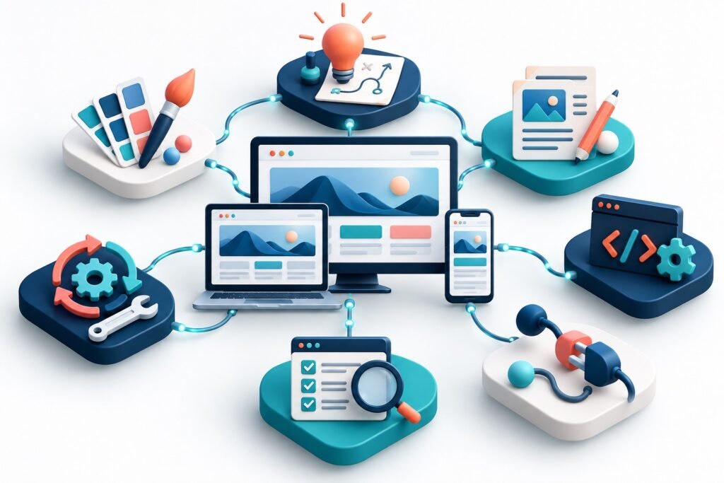 Connected modules showing website strategy, design, content, development, testing, integrations and maintenance