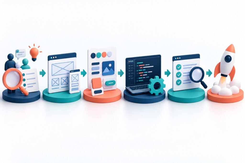 Website project workflow moving from discovery and wireframes through design, development, testing and launch
